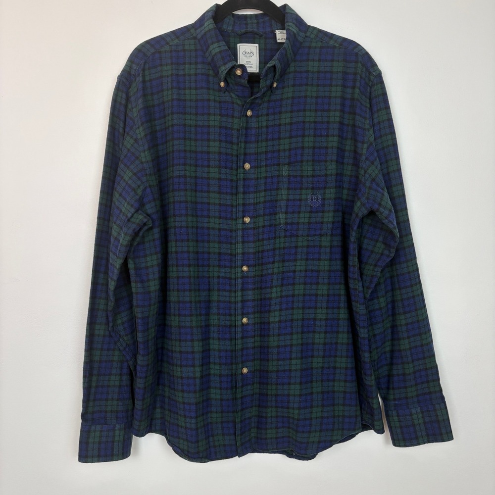 Chaps Men Black Watch Tartan Button Down Flannel Shirt Sz XL Blue Green Heritage